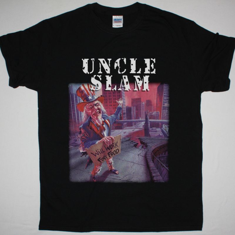UNCLE SLAM WILL WORK FOR FOOD 1993 NEW BLACK T-SHIRT