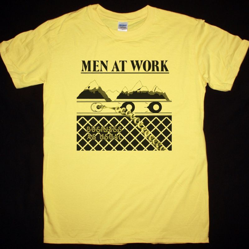 MEN AT WORK BUSINESS AS USUAL NEW YELLOW T-SHIRT