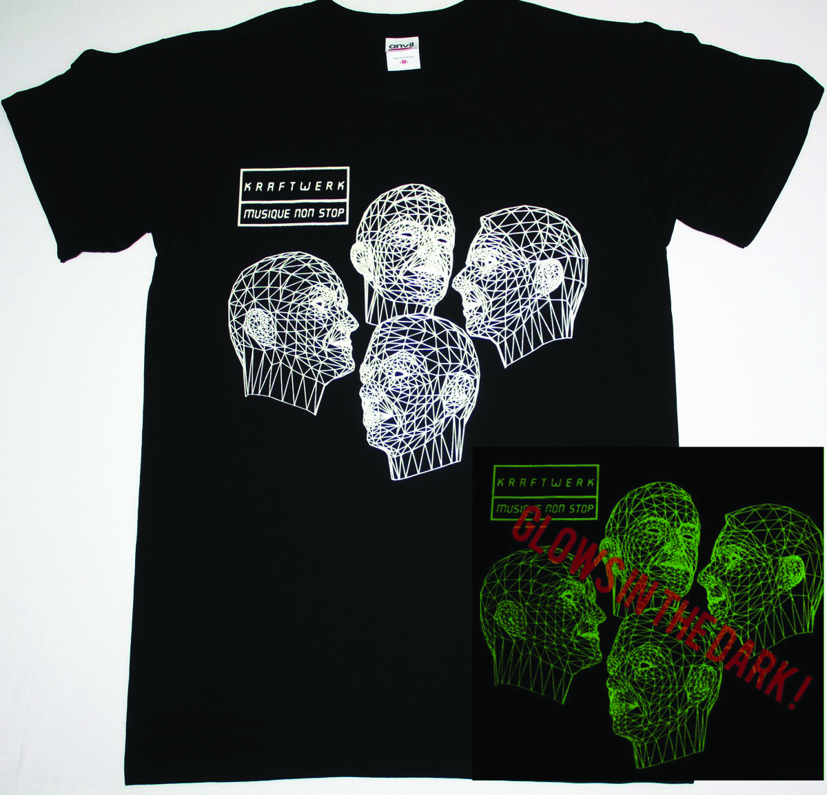 KRAFTWERK GLOW IN THE DARK MUSIQUE NON STOP ROBOTS NEW BLACK T-SHIRT