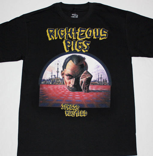 RIGHTEOUS PIGS STRESS RELATED'90 NEW BLACK T-SHIRT