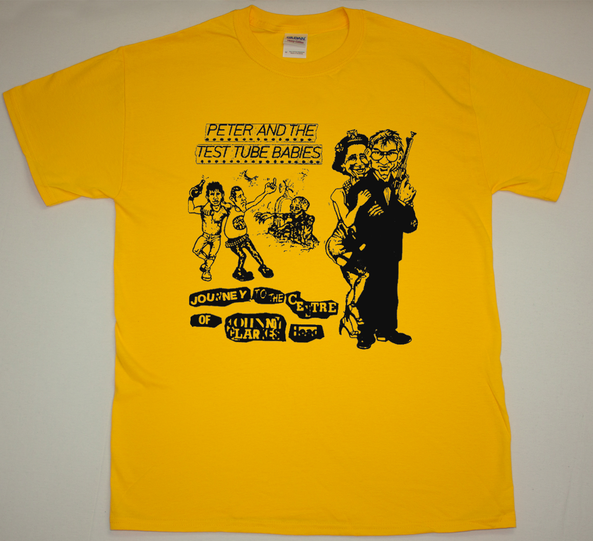 PETER AND THE TEST TUBE BABIES JOURNEY TO THE CENTRE OF JOHHNY CLARKES HEAD NEW YELLOW T-SHIRT