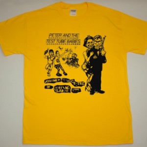 PETER AND THE TEST TUBE BABIES JOURNEY TO THE CENTRE OF JOHHNY CLARKES HEAD NEW YELLOW T-SHIRT